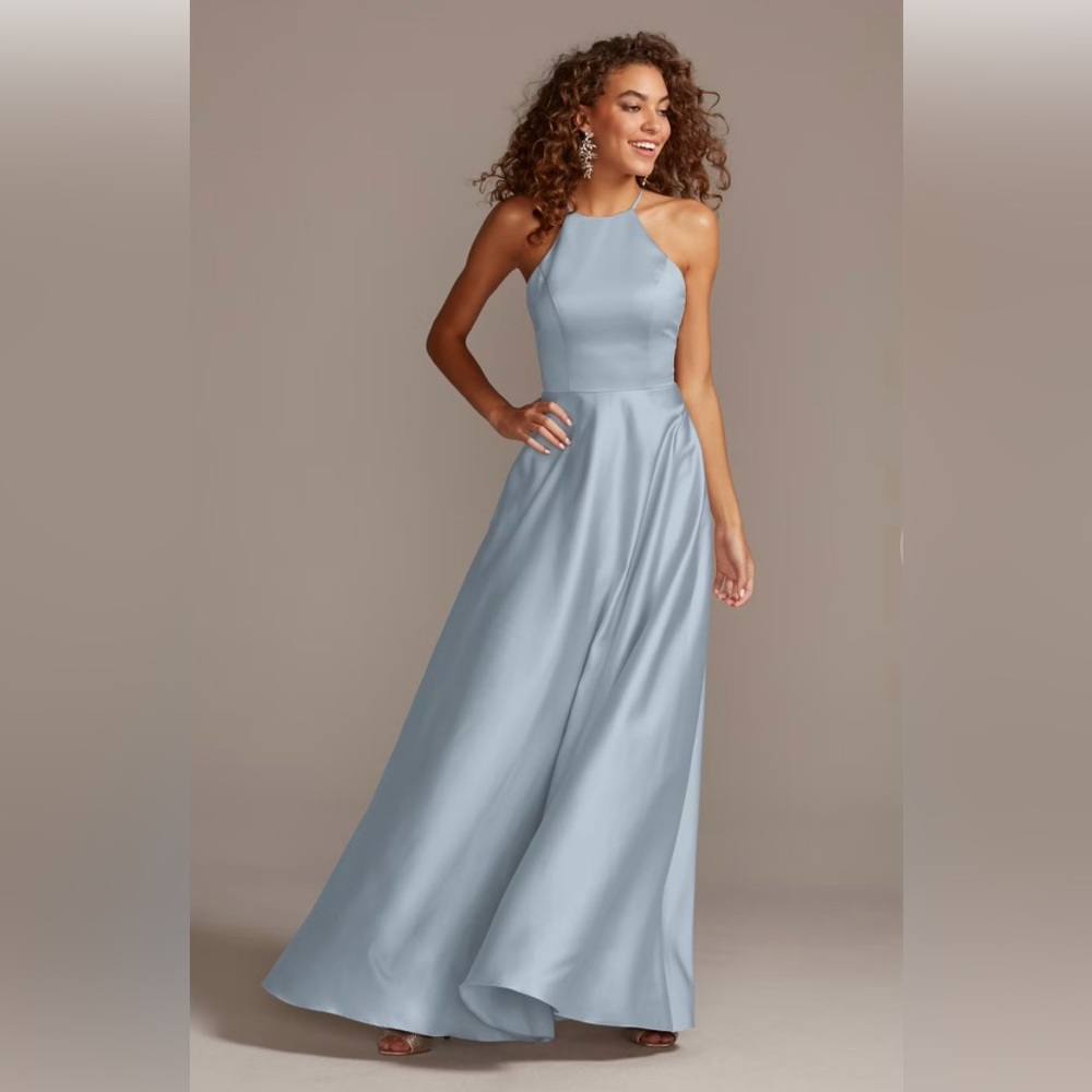 High-Neck Satin A-Line Dress Dusty Blue 8